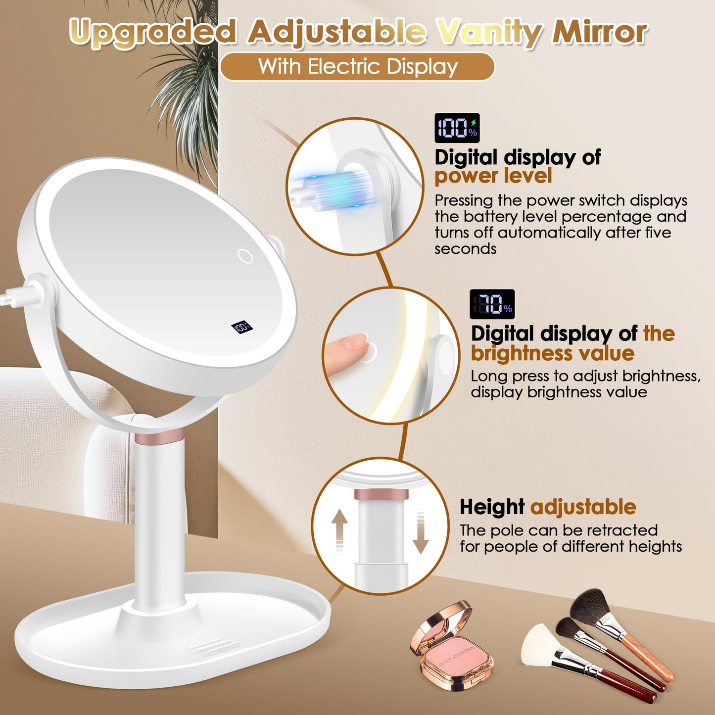 MIYADIVA Makeup Mirror with Lights, 30X/1X Magnifying Mirror with Digital Display, Height Adjustable Desk Mirror, Detachable for Travel, Vanity Mirror with Phone Holders and Tweezers, Gifts for Women