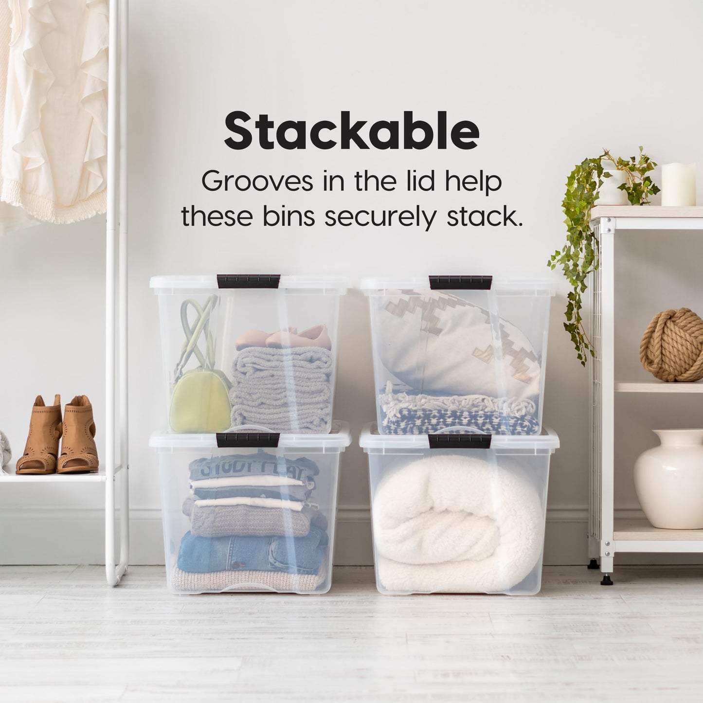 IRIS USA 72 Qt Stackable Plastic Storage Bins with Lids, 6 Pack - BPA-Free, Made in USA - See-Through Organizing Solution, Latches, Durable Nestable Containers, Secure Pull Handle - Clear