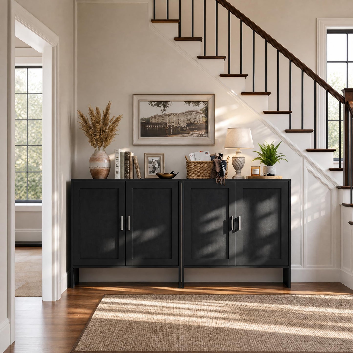 DHZ Buffet Cabinet with Storage, Farmhouse Sideboard with Black Rattan Doors & Adjustable Shelf, 31.5" Narrow Coffee Bar Cabinet, Kitchen Storage Credenza, Entryway Accent Liquor Cabinet