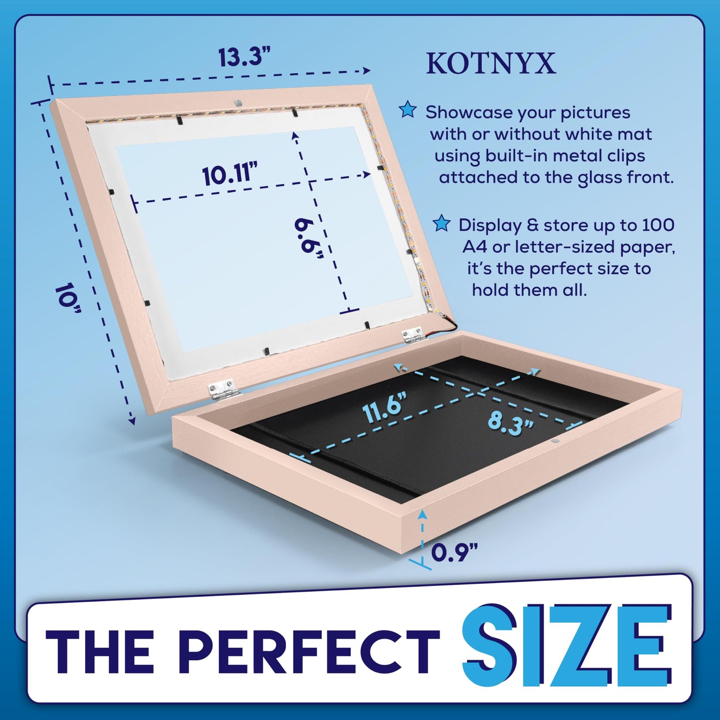KOTNYX LED Light Kids Artwork Frame - Front Opening Kids Art Display Picture Frame, Holds 100 Pictures, MDF & Shatter-Resistant Glass, Standing Frame/Wall Hanging,13.3x10, Mat 11.6x8.3 - Peach