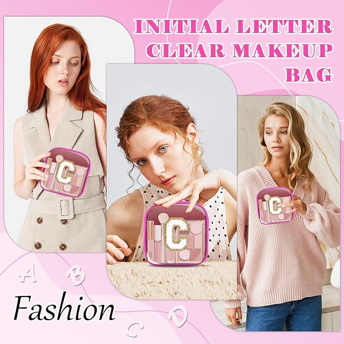 Personalized Initial Letter Clear Preppy Makeup Bag,Mini Nylon Chenille Letter Cosmetic Bag Cute Zipper Pouch Coin Purse for Teen Girls,Portable TSA Approved Travel Essentials Bag Gift for Women,C