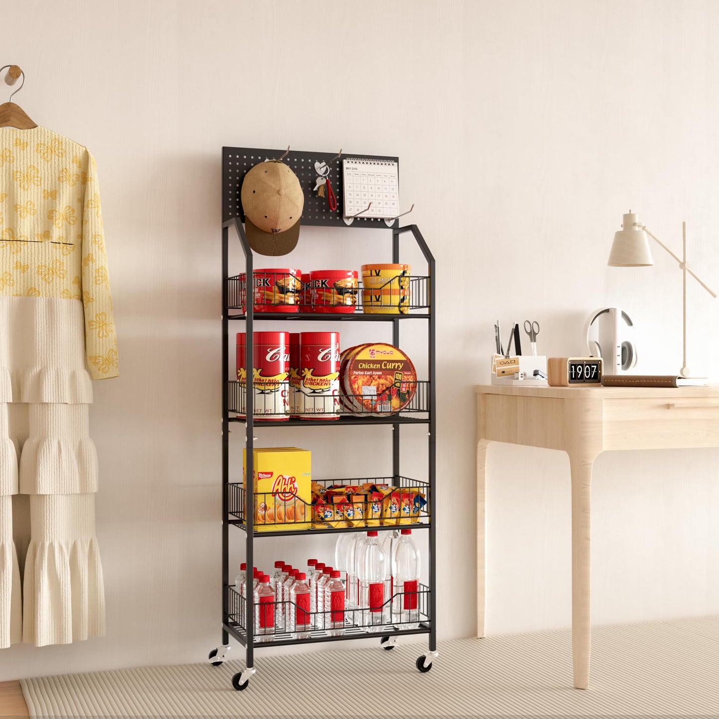 Fitzkor 4 Tier Supermaket Storage Rack, Snack Rack Display Stand, Retail Display Organizer Stand with Hooks & Wheels, Metal Snack Shelf for Store Home Kitchen, Black Chip Rack Display Stand (4 Tier)