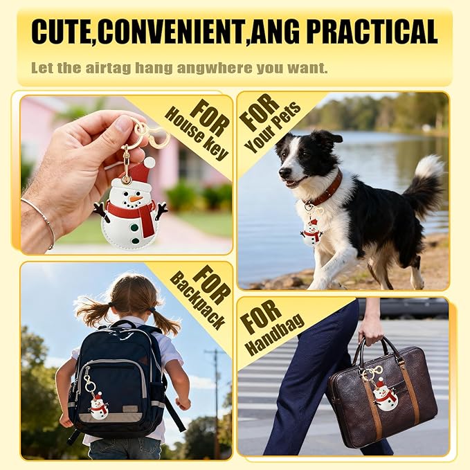 Leather Keychain for Airtag, Cute Protective Keychain Holder Compatible with Apple Air Tag,GPS Item Tracker Case Cover for Keys,Bags,Pets,Luggage(Snowman)