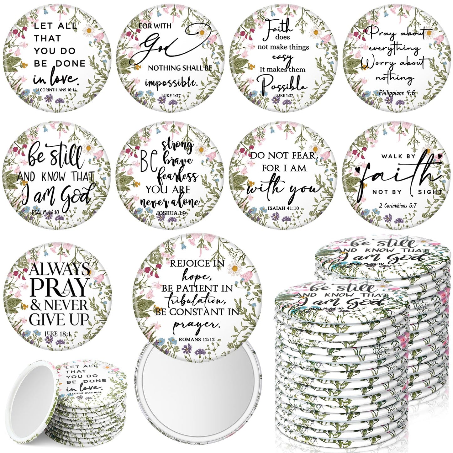 GlikCeil 40 Pcs Christian Compact Mirrors Bulk for Women Wildflower Inspirational Bible Verse Pocket Mini Purse Mirrors Christian Church Gift for Women VBS Church Party Favors