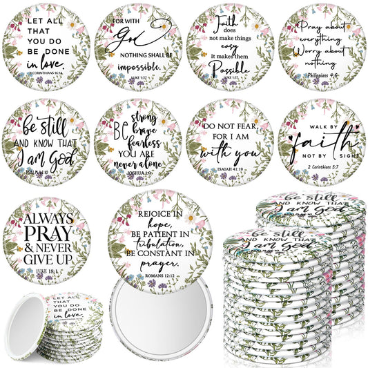 GlikCeil 40 Pcs Christian Compact Mirrors Bulk for Women Wildflower Inspirational Bible Verse Pocket Mini Purse Mirrors Christian Church Gift for Women VBS Church Party Favors
