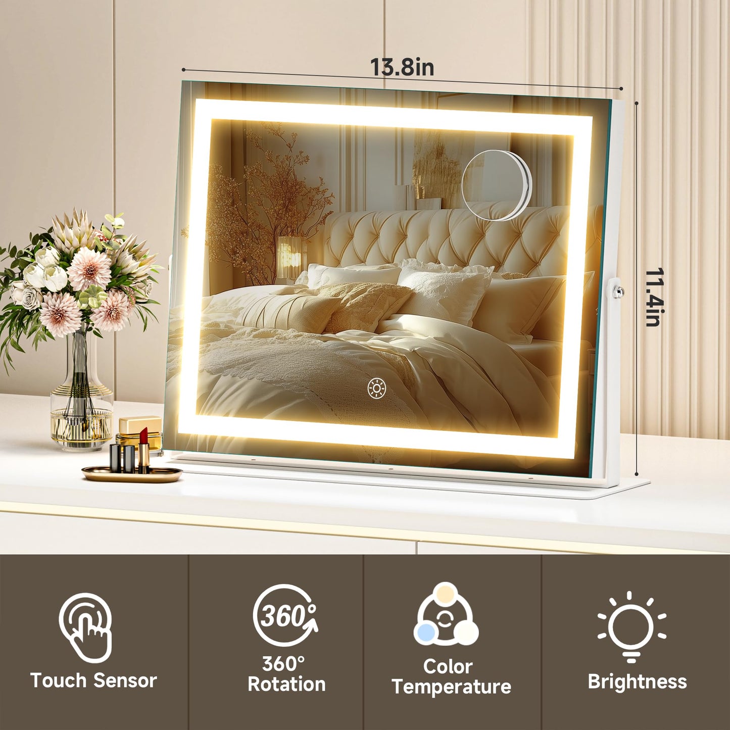 Hasipu Vanity Mirror with Lights, 13.8" x 11.4" LED Makeup Mirror, 3 Color Modes Touch Control and Brightness Adjustment Lighting Mirror, 10X Magnifying Glass, 360° Rotation