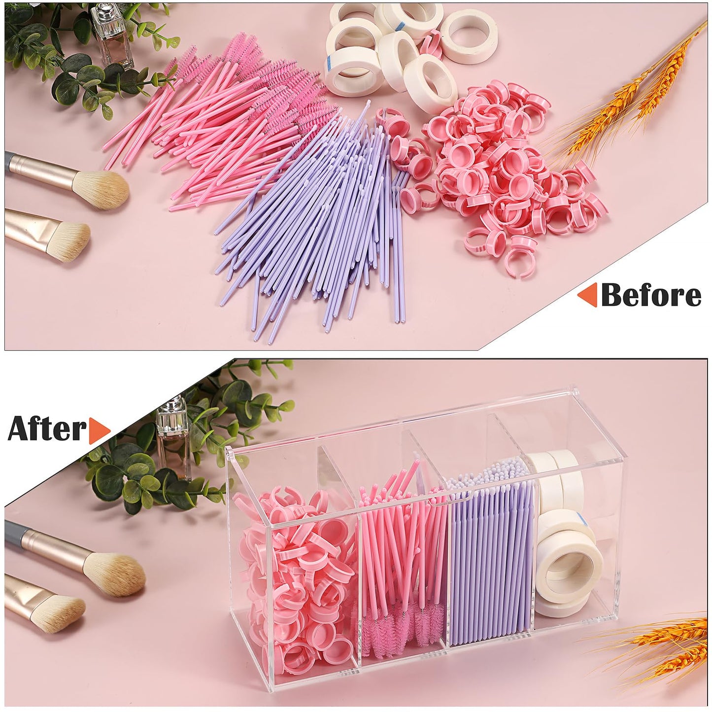 ELLDOO Lash Extension Organizer Box with Lid, Acrylic Eyelash Supplies Organizer Storage Box, 4 Compartments Bathroom Supplies Storage Container for Cotton Swabs, Balls, Pads, Floss Picks