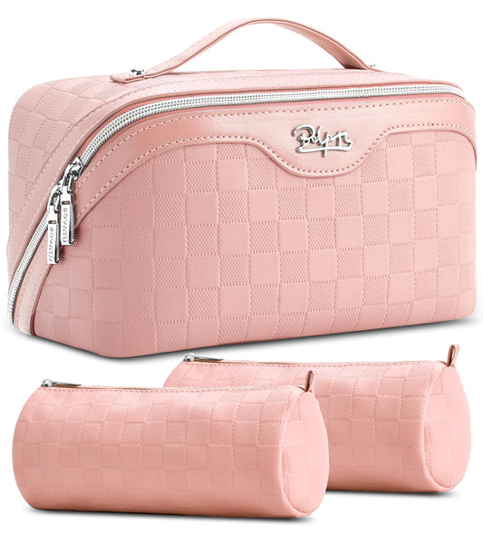 BOYATU Travel Makeup Bags for Women: Sweet Pink Checkered Large Capacity Cosmetic Bag - You Deserve a Little Sweetness Every Day - 3 Pcs Toiletry Organizer Holds 10-20 Full-Size 50-100ML Bottles