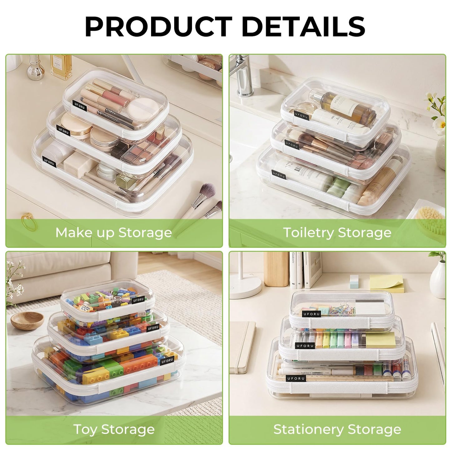 UFORU 3 Pack Clear Hard Shell Zipper Case, Heavy Duty Portable Clear Zipper Pouches, Travel Makeup Organizer & Toiletry Bag, Diaper Bag Organizer Pouches for Toys, Tech & Art Supplies, Large