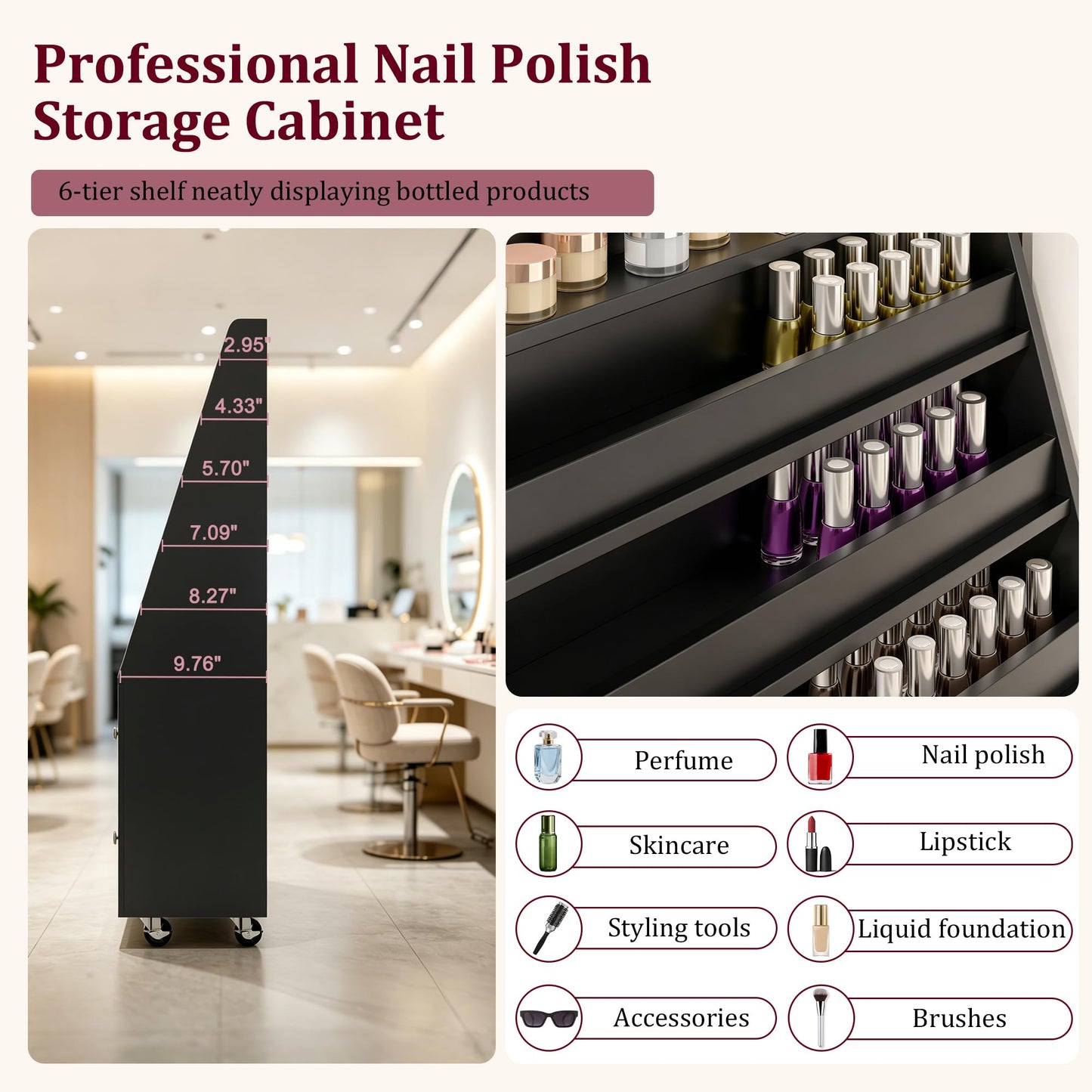 WLLPNG Nail Polish Shelves with LED Light, Rolling Nail Polish Cabinet Organizer Display Stand with Cabinet & 2 Drawers, Large Capacity Nail Storage Rack for Salon Home
