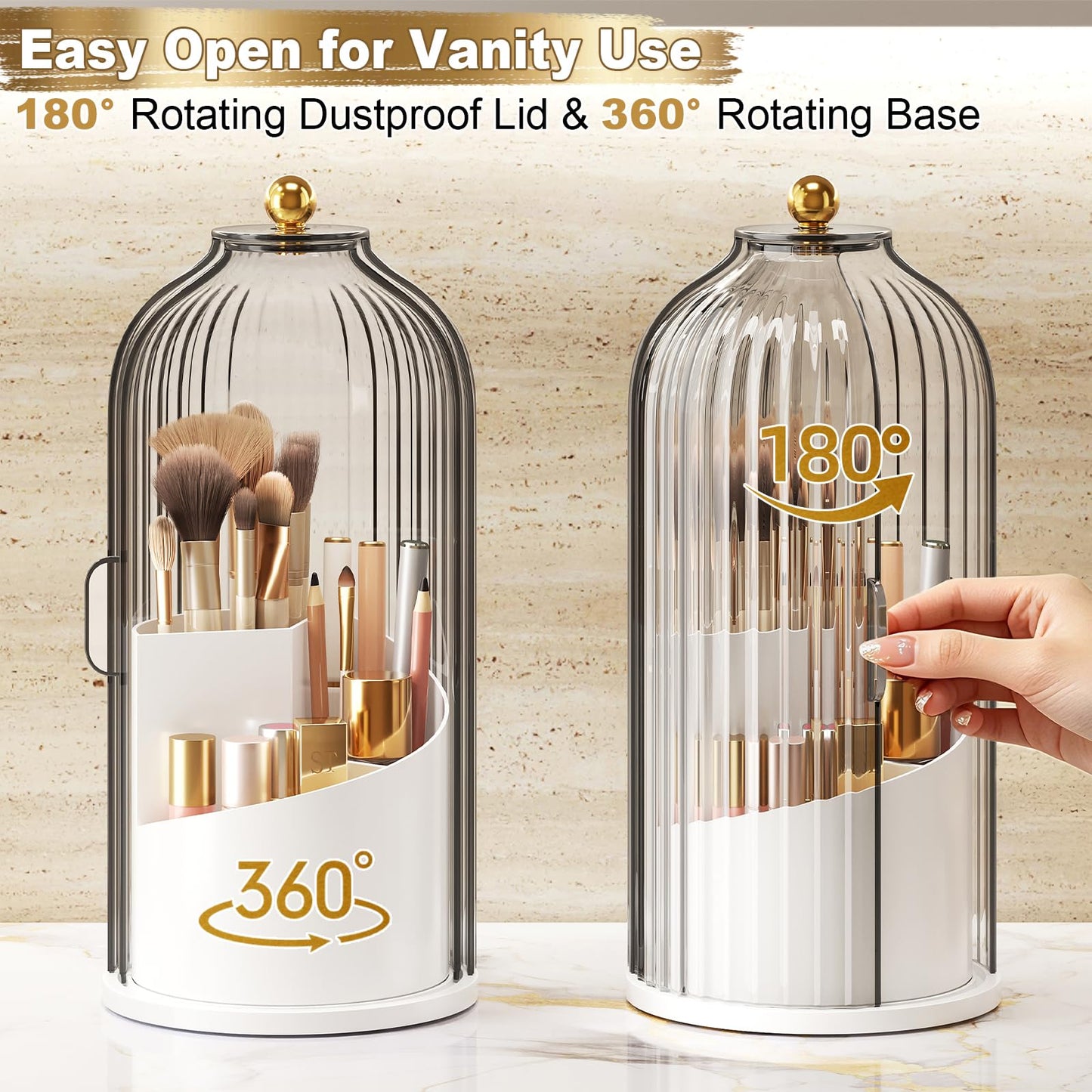 Covered Makeup Brush Holder with Sliding Lid, 360° Rotating Makeup Organizer Countertop for Vanity, Bathroom, Make up/Nail Brushes Storage, Dustproof Toothbrush Holders with Cover for Bathrooms, White