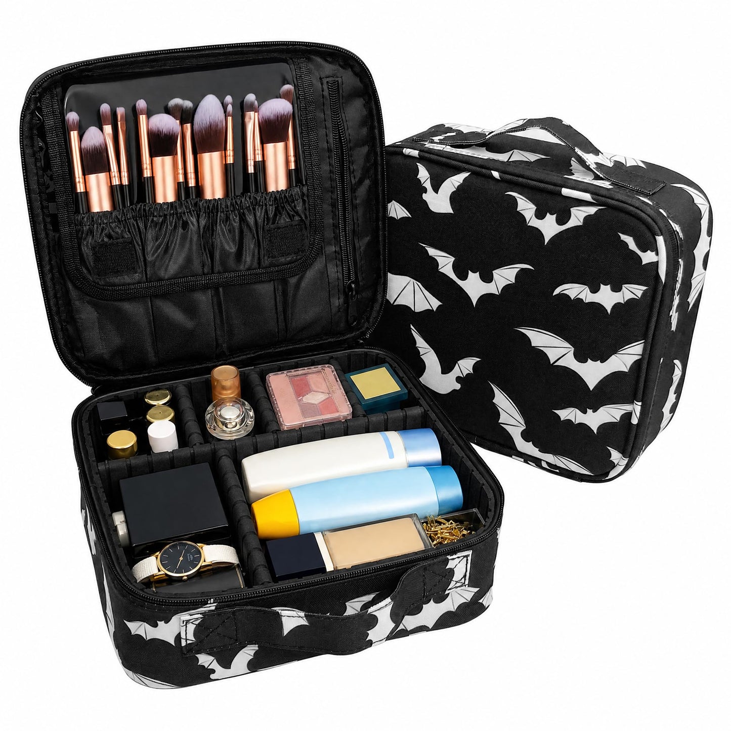 9CH Goth Makeup Organizer Bag, Halloween Makeup Bags Large Cosmetic Bag with Adjustable Dividers Portable Bat Cosmetic Case for Make up Brushes Toiletry Jewelry（Black Bats）