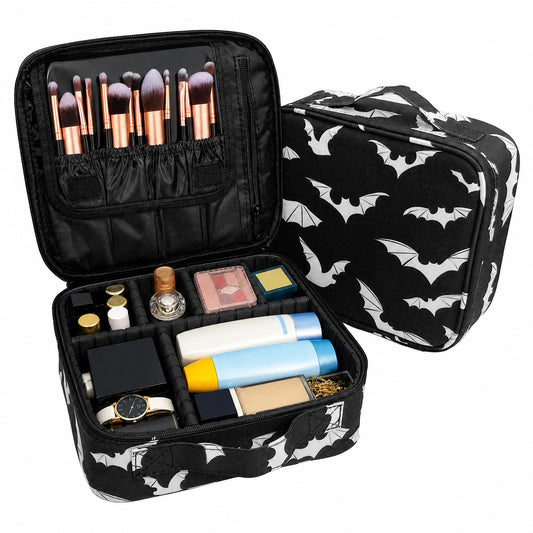 9CH Goth Makeup Organizer Bag, Halloween Makeup Bags Large Cosmetic Bag with Adjustable Dividers Portable Bat Cosmetic Case for Make up Brushes Toiletry Jewelry（Black Bats）