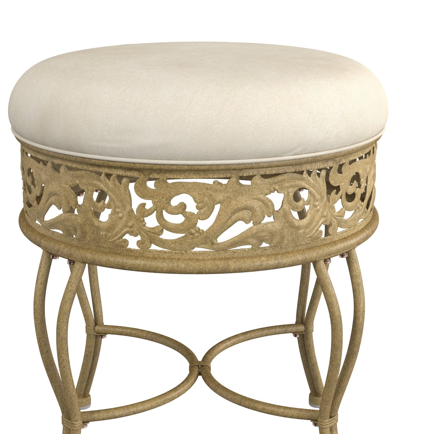 Hillsdale Villa III Backless Metal Vanity Stool with Ornate Lattice Detailing, Antique Beige