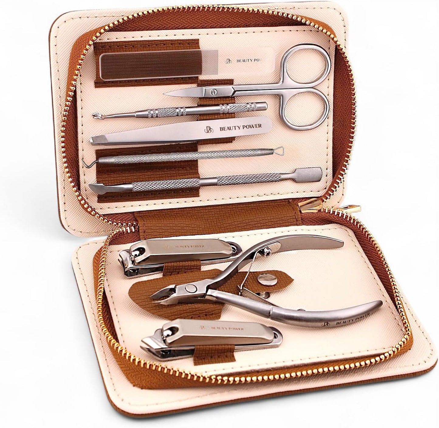 Beauty Power 9 in 1 Professional Manicure Pedicure Set - Stainless Steel Nail Clippers, Nano File, Cuticle Nipper, Scissors, Tweezers, Travel PU Leather Case for Men & Women - Father's Day - Brown