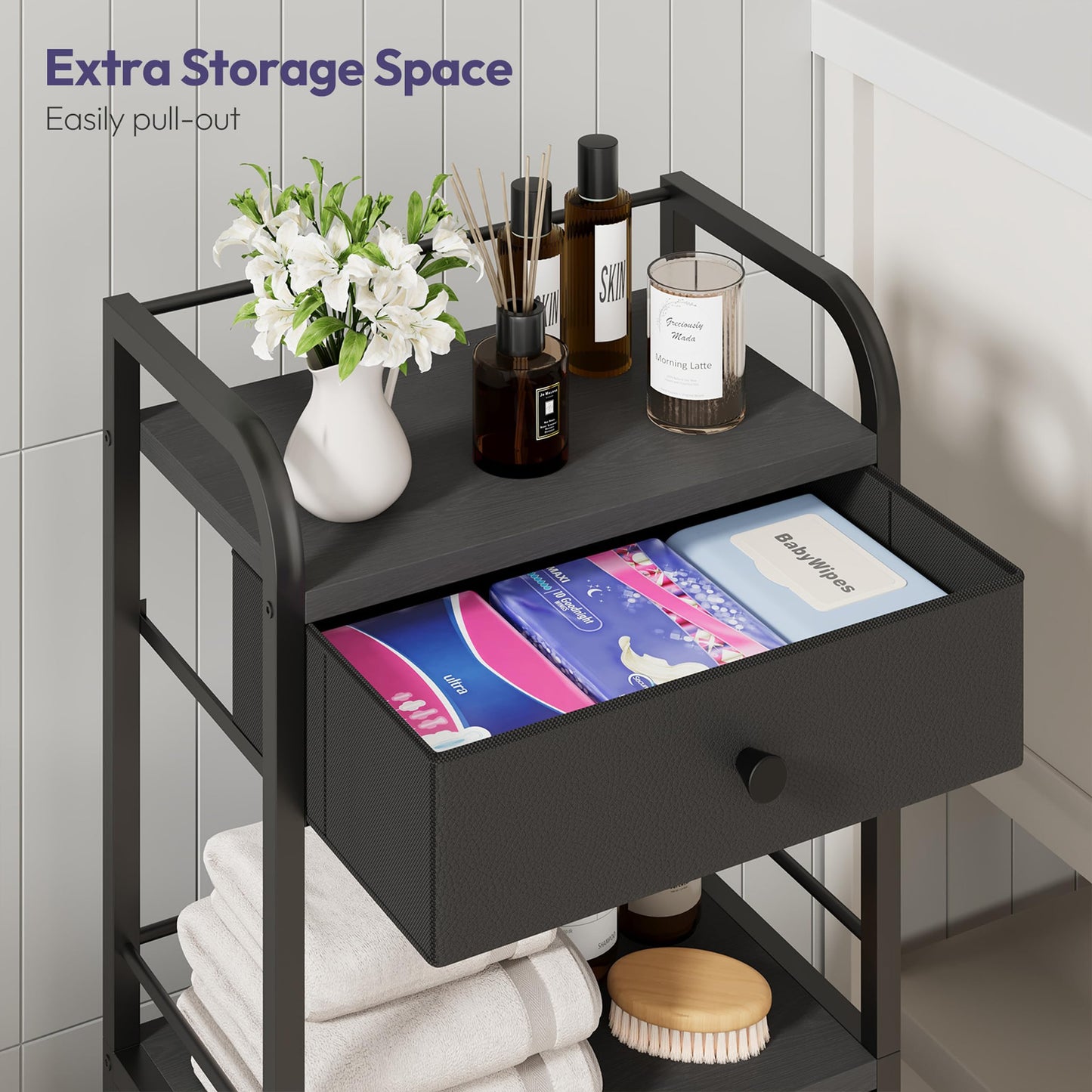 SWTYMIKI 14.57"x32.28" Bathroom Storage Cabinet – Freestanding Toilet Paper Storage with Doors & Drawer, Bathroom Organizers and Storage for Small Spaces, Laundry Room, Ideal for Towels, Black