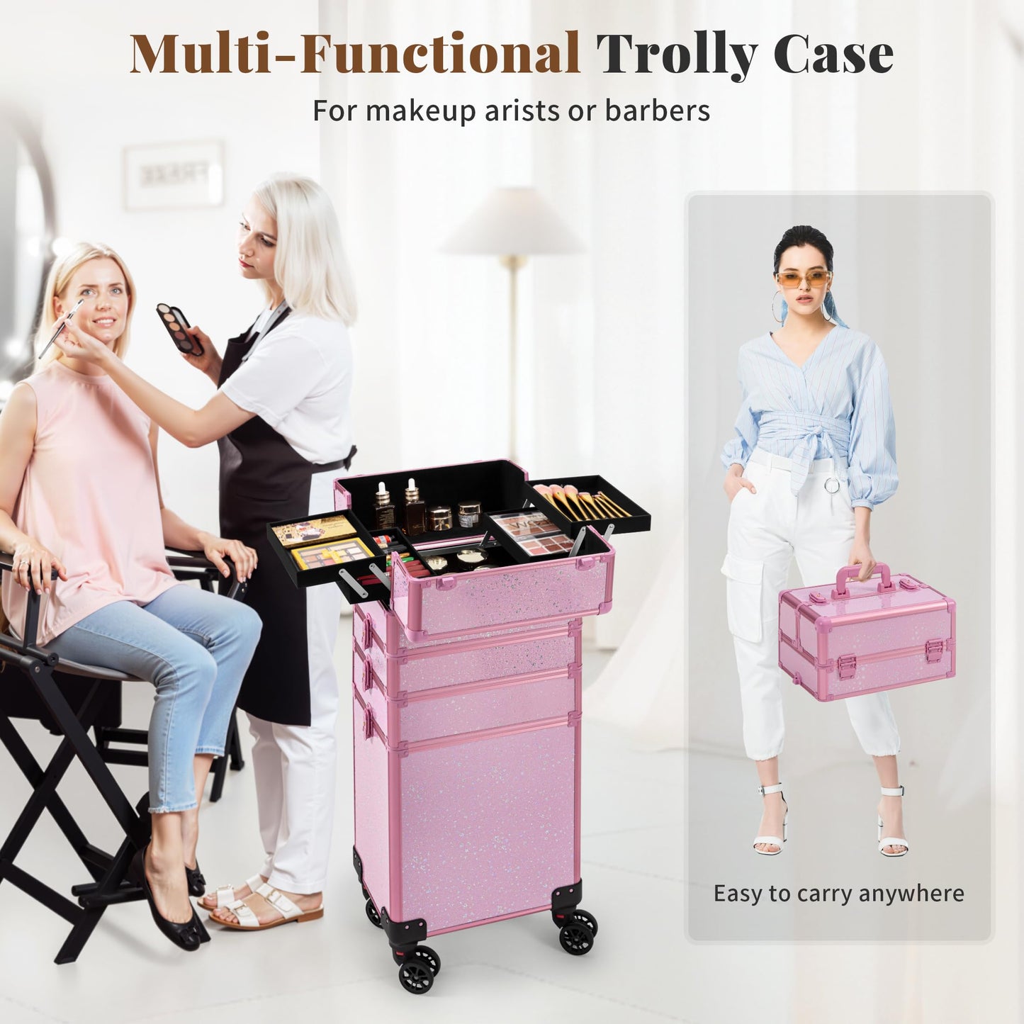 AROUS Rolling Makeup Train Case Large Storage Cosmetic Trolley 5 in 1 Large Capacity Trolley Makeup Travel Case with Key Swivel Wheels Salon Barber Case Traveling Cart Trunk, Pink