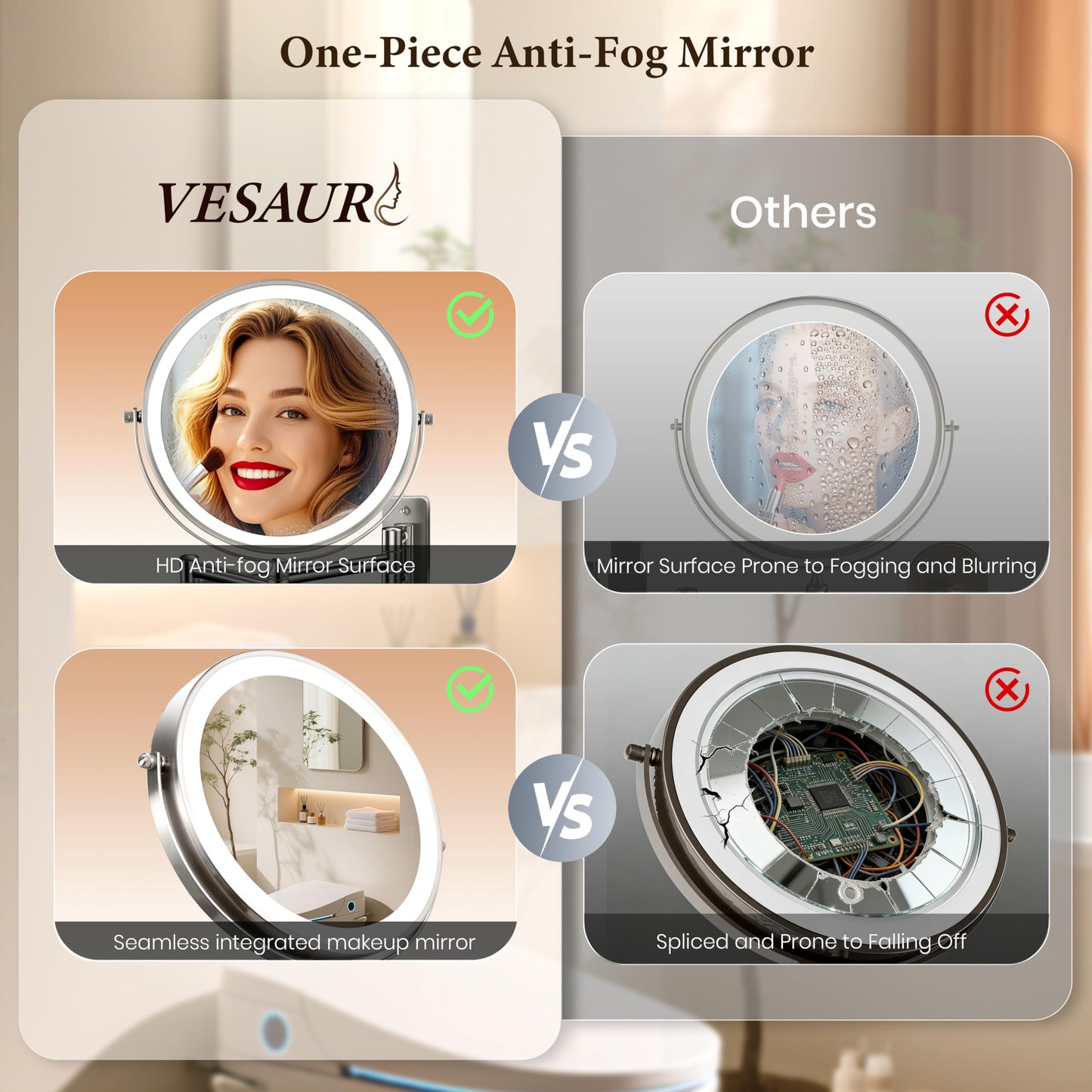 9" Large Wall Mounted Lighted Makeup Mirror, 5000mAh Rechargeable 1X/15X Magnifying Mirror with 3 Color Lights Touch Dimmable, Extended Arm 360° Rotation Bathroom Wall Mounted Makeup Mirror, Nickel