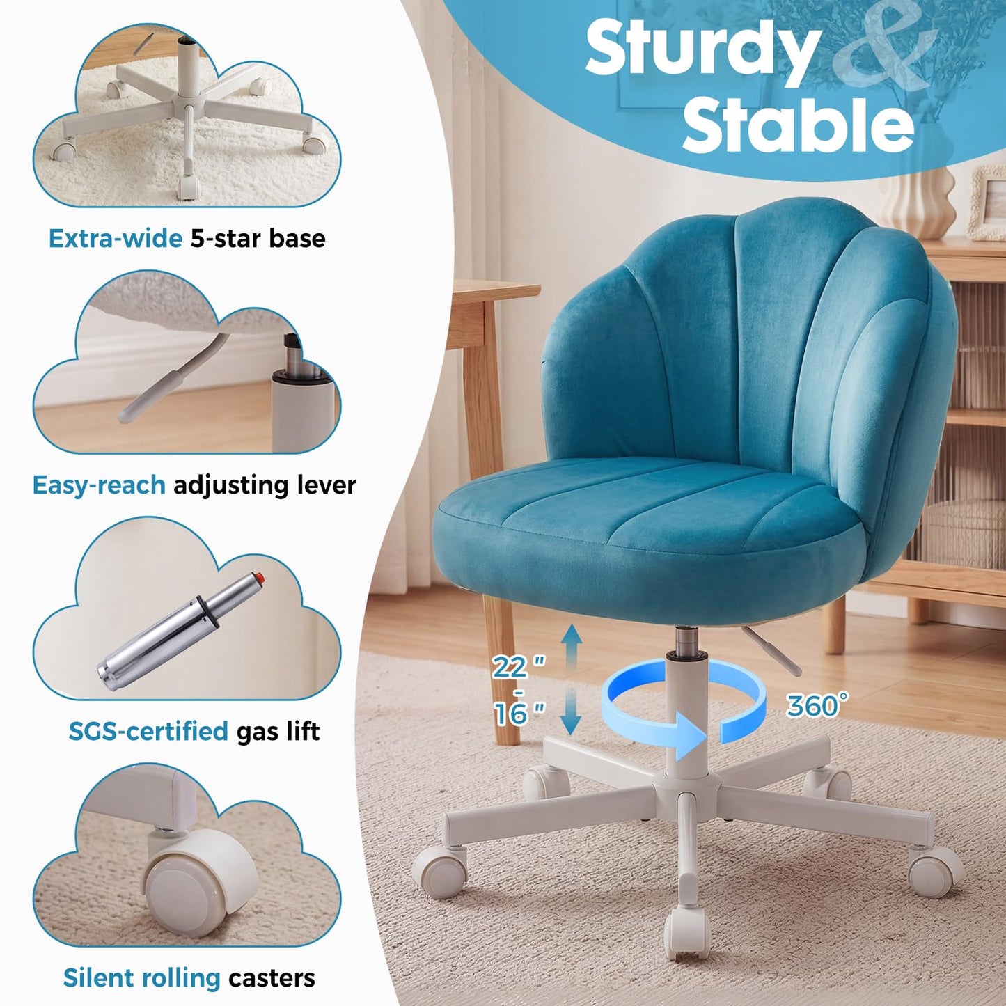 COMHOMA Petal Vanity Chair with Wheels, Cute Desk Chair for Girls Women, Upholstered Home Office Chair with Backrest, Height Adjustable Armless Swivel Chair for Bedroom, Velvet, Blue