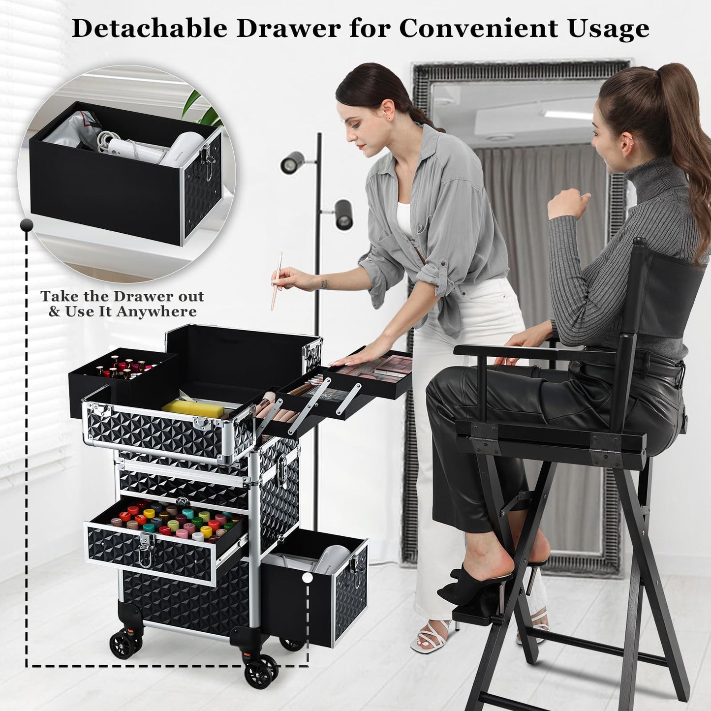 Joligrace Rolling Makeup Case with Drawers - Tattoo Storage Organizer Travel Cart for Nail Tech, Cosmetology, Barber Tools - Portable Suitcase on Wheels