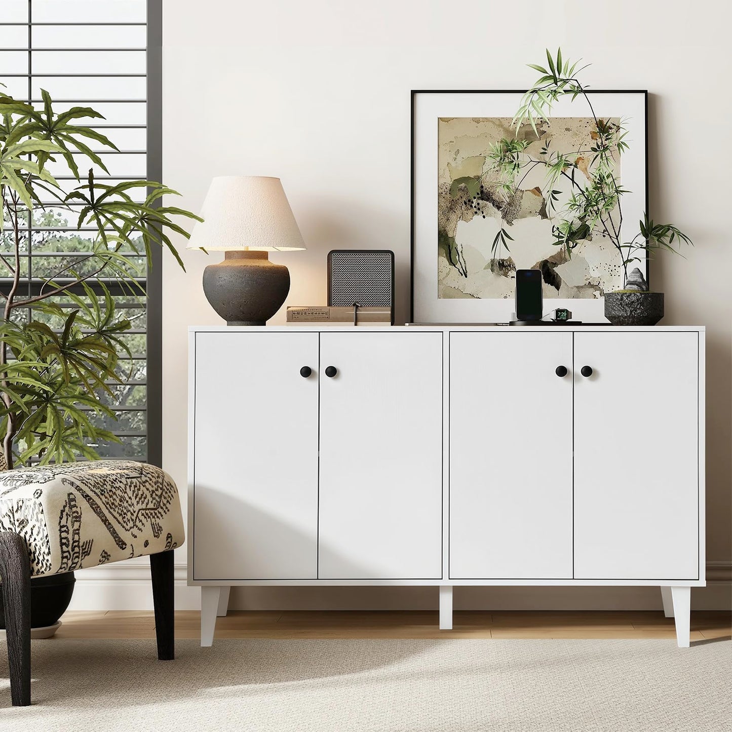 Panana Sideboard Buffet Cabinet Kitchen Storage Cabinet Living Room 4 Doors Console Table (White)
