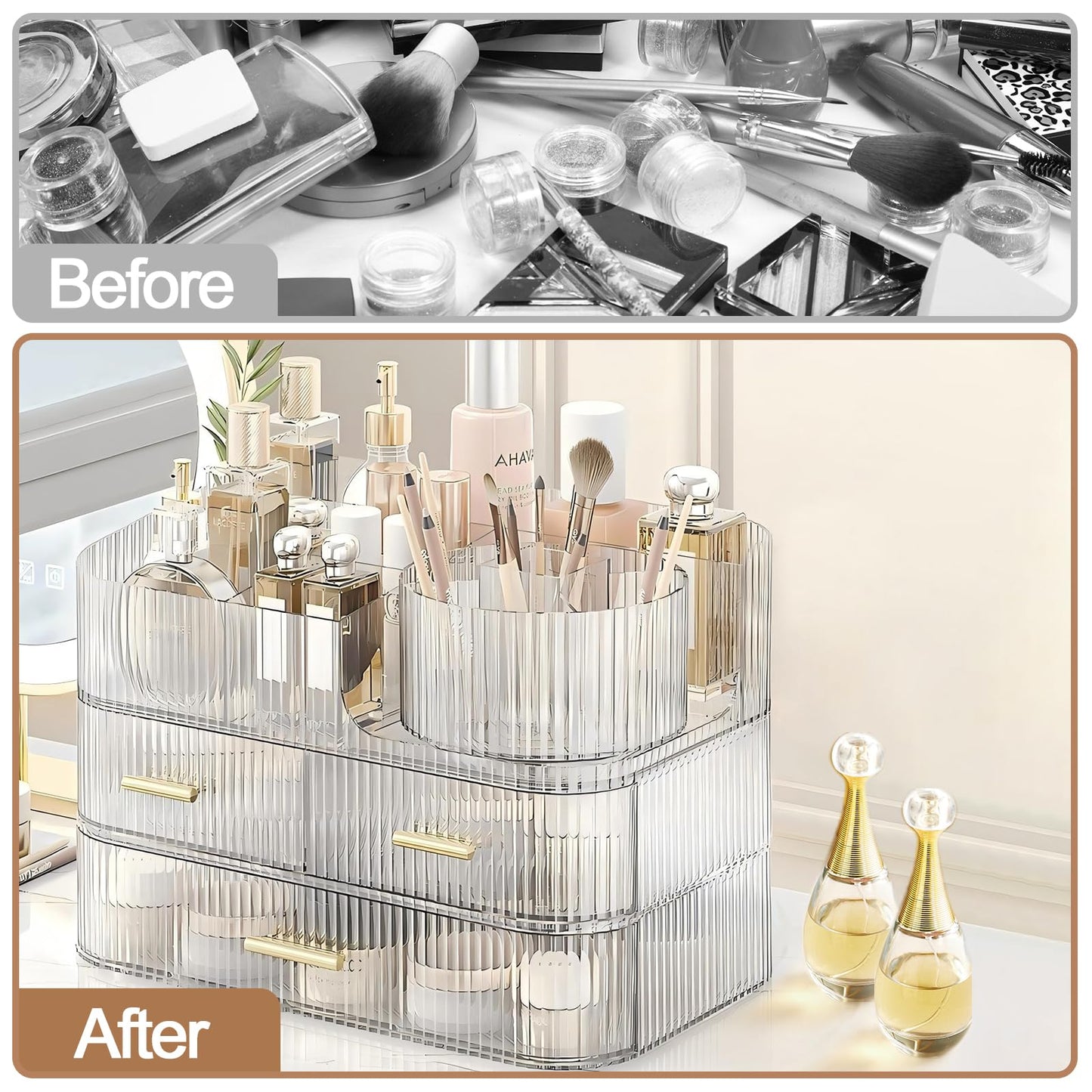 DASITON Makeup Organizer with Drawers and Rotating Makeup Brush Holder,Large Capacity Stackable Cosmetic Organizer Countertop,Bathroom Organizers and Storage,Make up Organizers for Vanity (Clear 03)