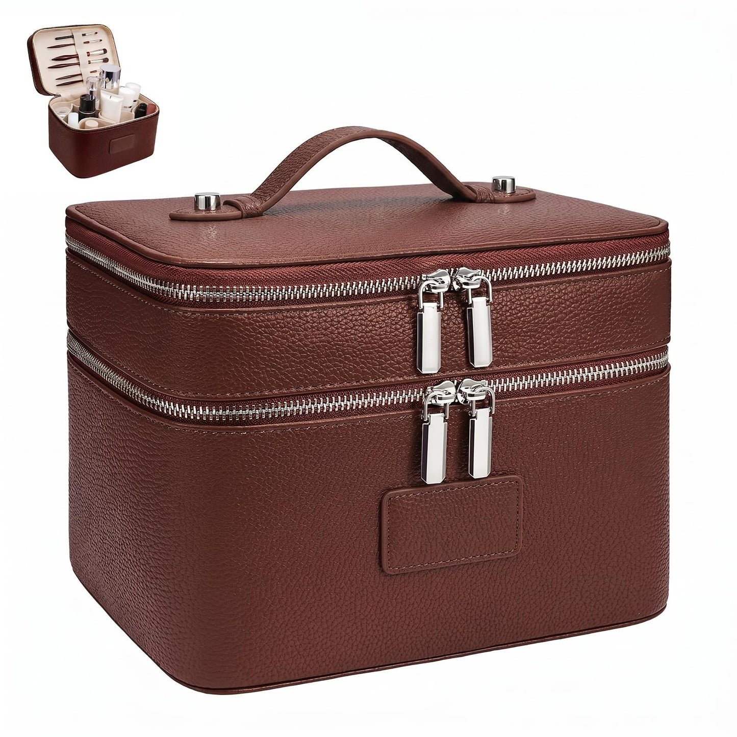 idoltimes Makeup Case,Leather Double Layer Makeup Bag Duo,Large Portable Travel Toiletry Case Cosmetic Organizer for Women