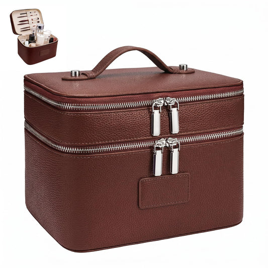 idoltimes Makeup Case,Leather Double Layer Makeup Bag Duo,Large Portable Travel Toiletry Case Cosmetic Organizer for Women