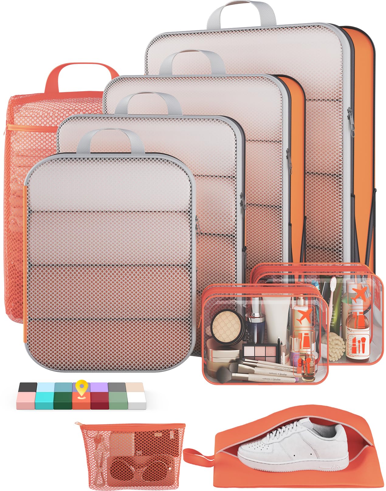 Veken 9/11 Set Compression Packing Cubes for Travel Essentials,Compressible Expandable Large Luggage Suitcase Organizer Bags for Clothing,Space Saver Bags with Over 1000 pcs of Mesh Holes(Orange)