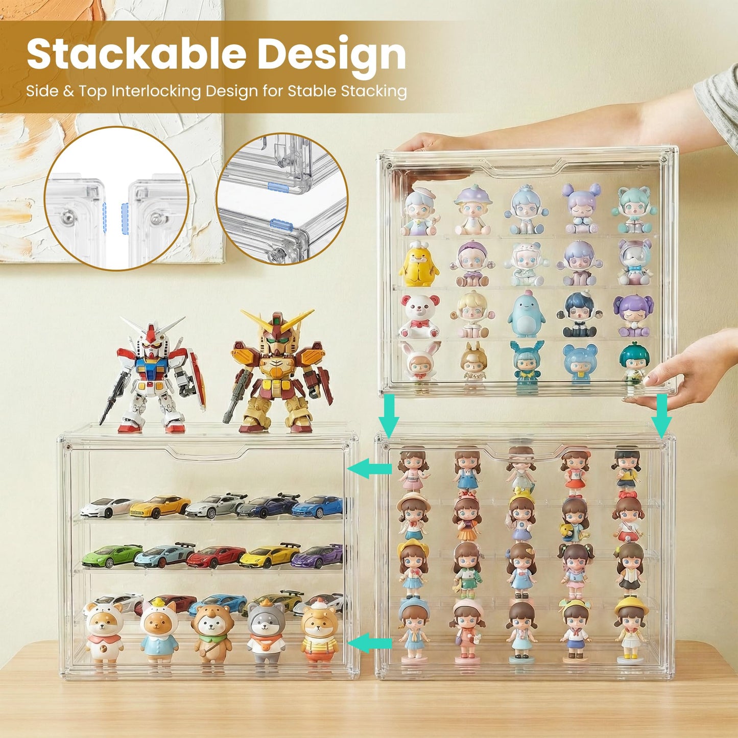 TimberAura Acrylic Display Case for Collectibles, 4-Tier Large Stackable Clear Display Box with Removable Shelves and Magnetic Door, Dustproof Showcase for Figures, 1 Pack