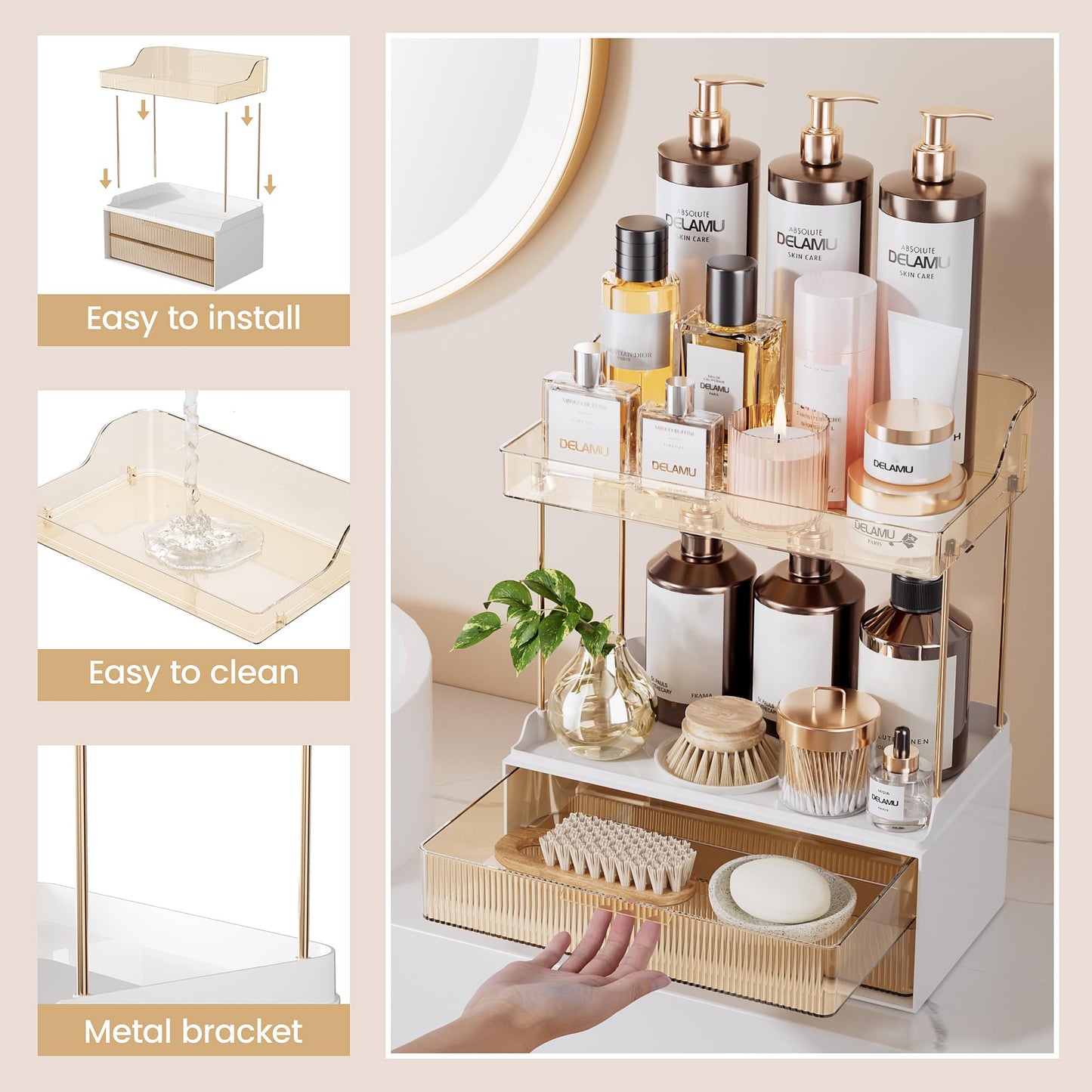 Delamu Bathroom Organizers and Storage, 2 Tier 2 Drawer Makeup Organizer Countertop, Easy to Install, Ideal for Bathroom Counter, Vanity, Ideal Gifts for Women Girls, Amber