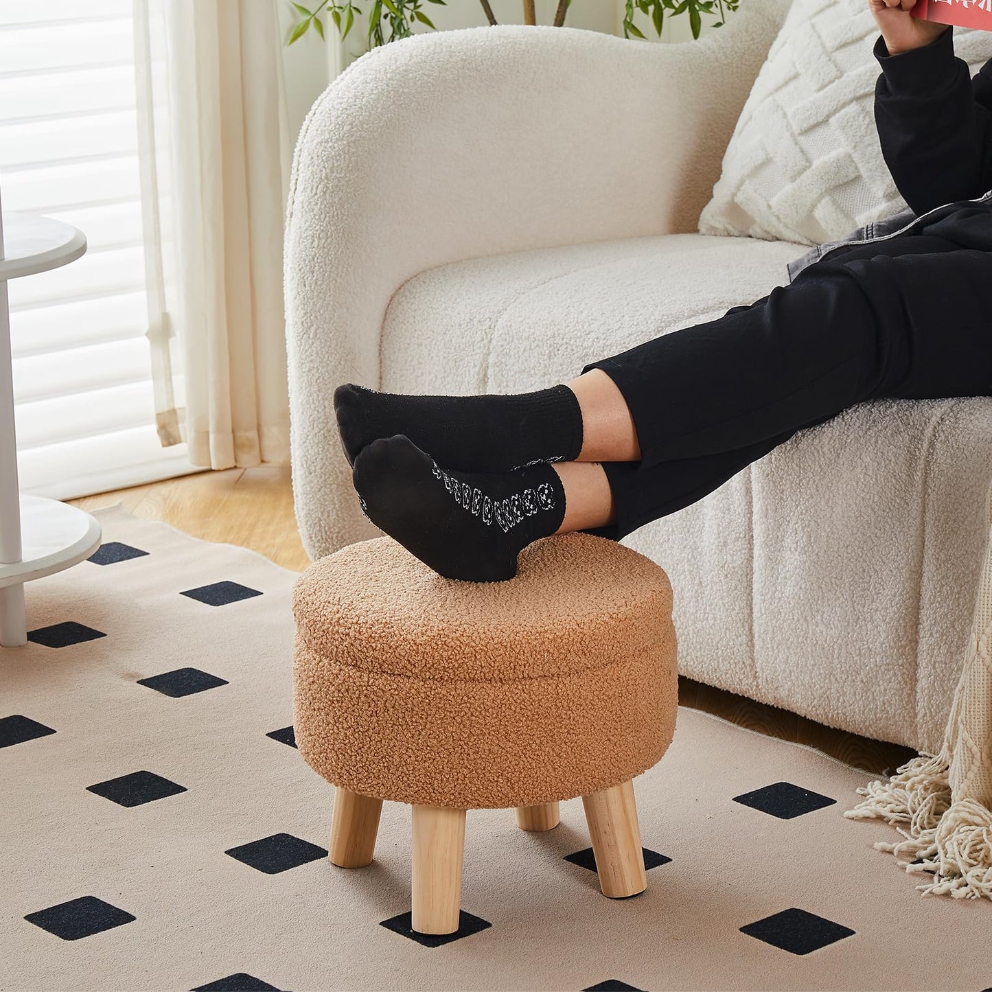 Wimarsbon Storage Ottoman, Modern Round Footrest with Soft Padded Seat, Teddy Velvet Footstool with Wood Legs, Accent Small Table or Plant Stand for Hallway, Living Room (Champagne)
