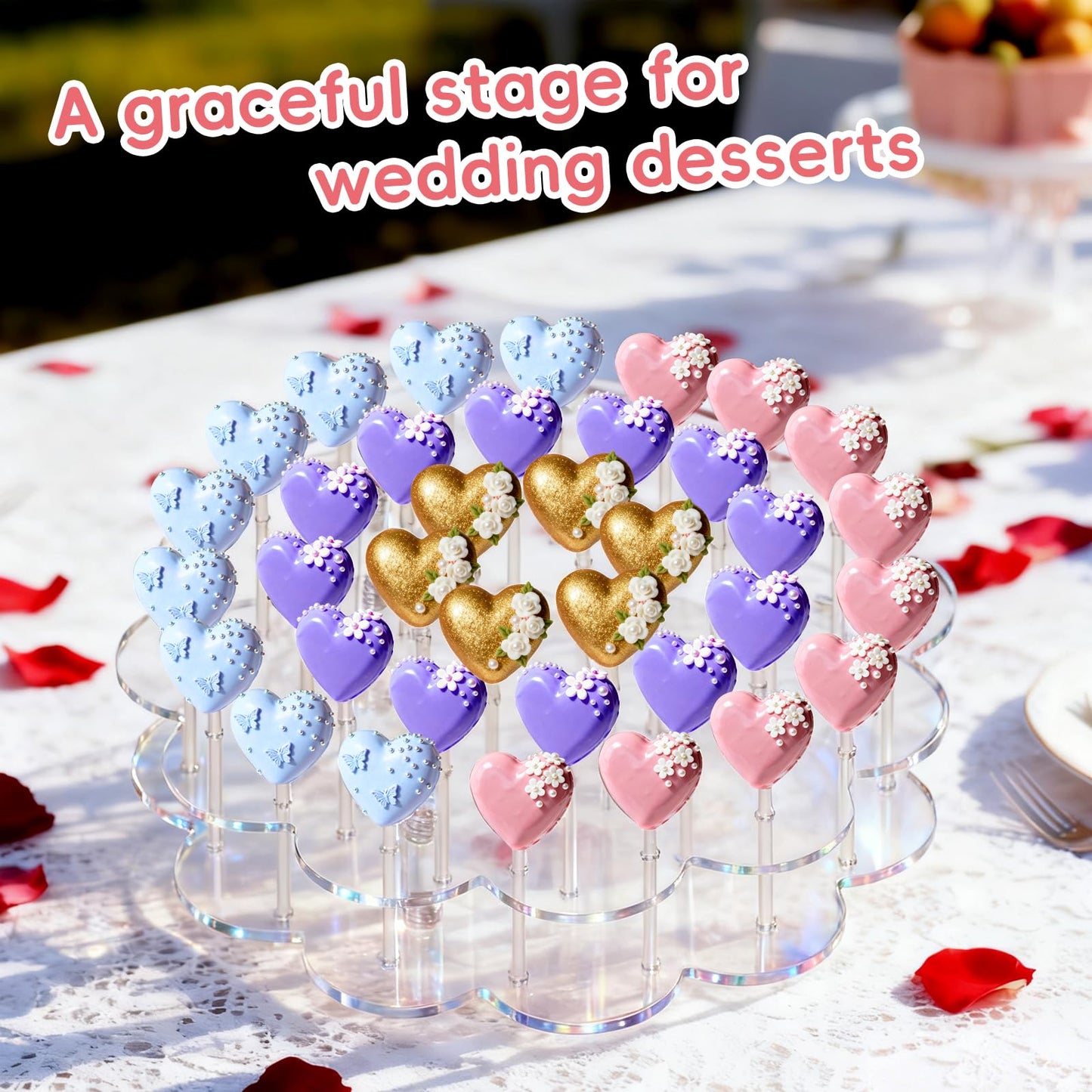 Flower Shape Acrylic Lollipop Stand 36 Holes, Cake Pop Holder with 100 Sticks, 100 Wrappers, 100 Gold Twist Ties, Clear Candy Dessert Display Rack for Christmas Weddings, Birthdays, Baby Showers
