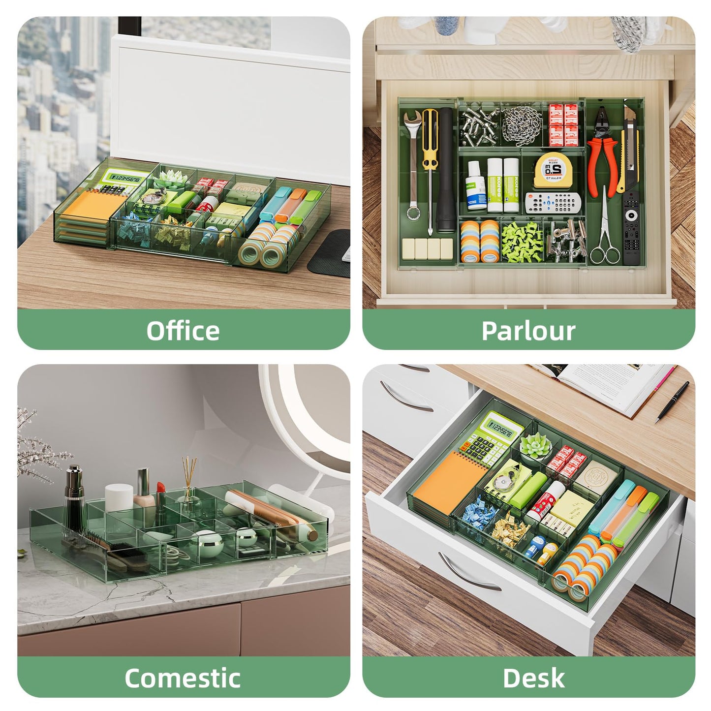Marbrasse Expandable Desk Drawer Organizer, Clear Plastic Drawer Organizer Tray with 10 Adjustable Compartments, Desk Organizers and Accessories, 5 Drawer Dividers for Office Supplies(Clear Green)
