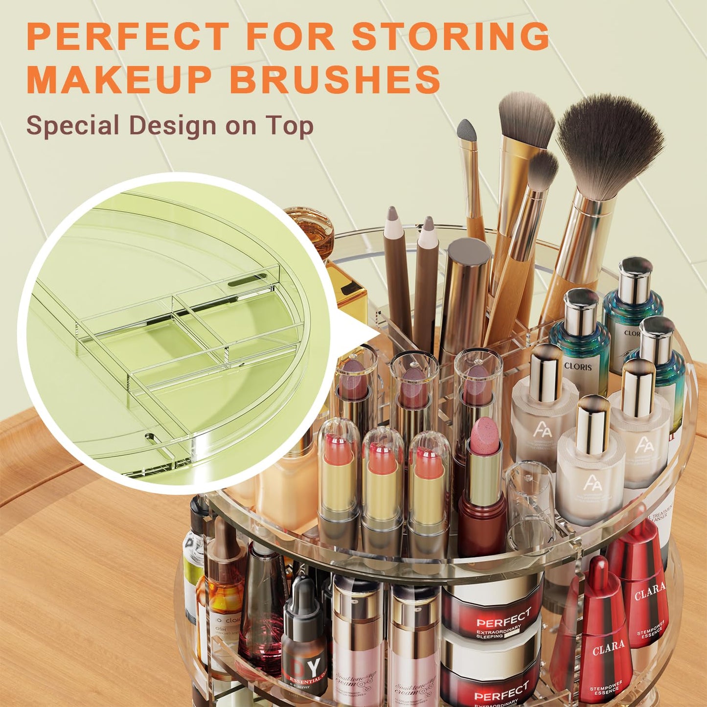 Auxmir Rotating Makeup Organizer, DIY 7 Adjustable Layers Spinning Skincare Organizer, Bathroom Organizer with Brush Holder Perfume Tray, Multi-Function Storage Carousel for Vanity Bathroom Countertop
