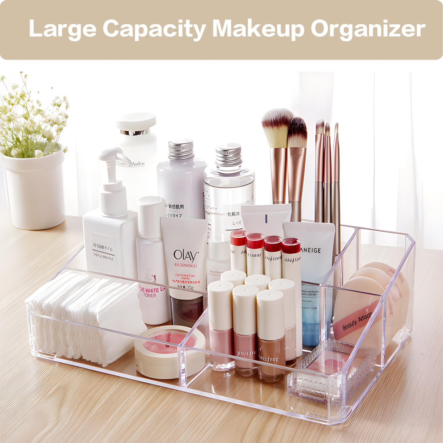 PeoTRIOL Clear Makeup Organizer, Makeup Brushes Storage Case, Cosmetic Display Case Tray, Tiered Skincare Organizer, Acrylic Lipstick Holder Countertop Desk Brush Organizer for Bedroom Vanity