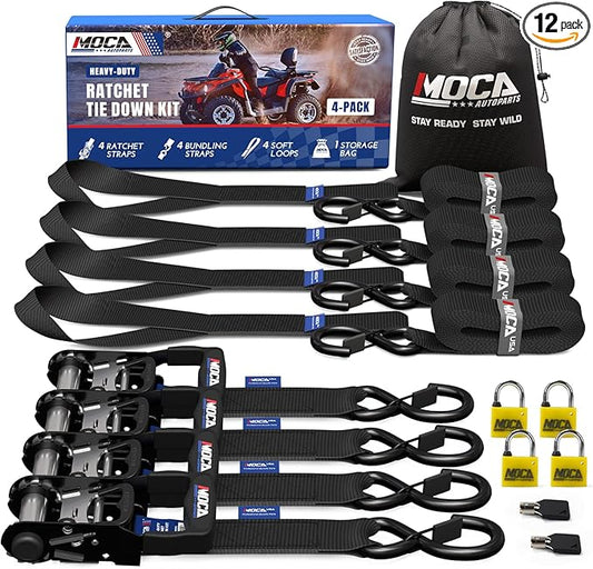 MOCA w/Lock Heavy Duty Ratchet Tie Down Straps, 5200 Lb Breaking Strength, 1.6" x 8 ft Heavy Duty Tie Down Kit with Padded Handles & Coated Chromoly S Hooks & 4 Soft Loops Black