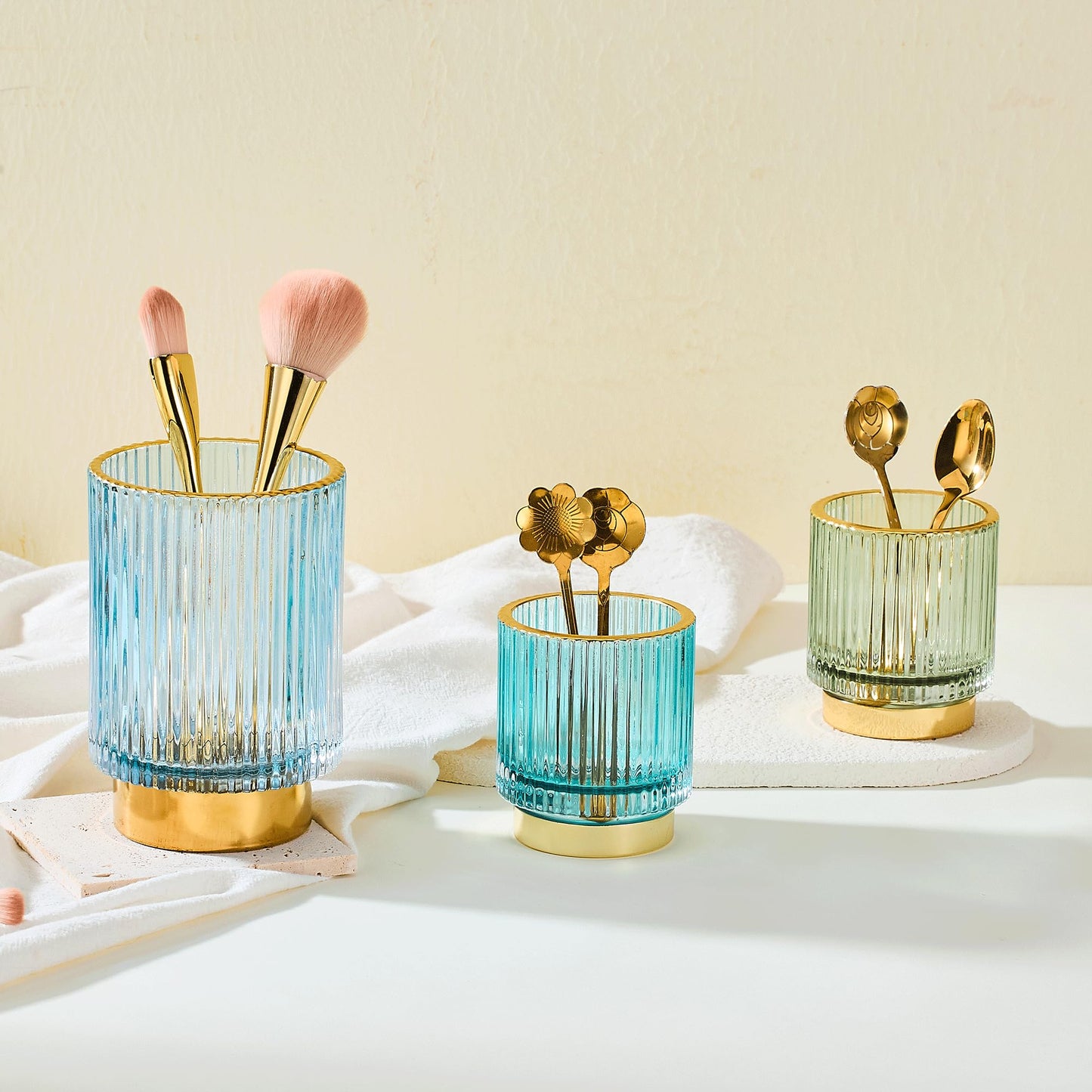 LEICURACE Makeup Brush Holder Organizer,Toothbrush Holders,Desk Pen Pencil Holder,Multifunctional Vintage Glass Brush Cup（L/Blue/A3-8-US）