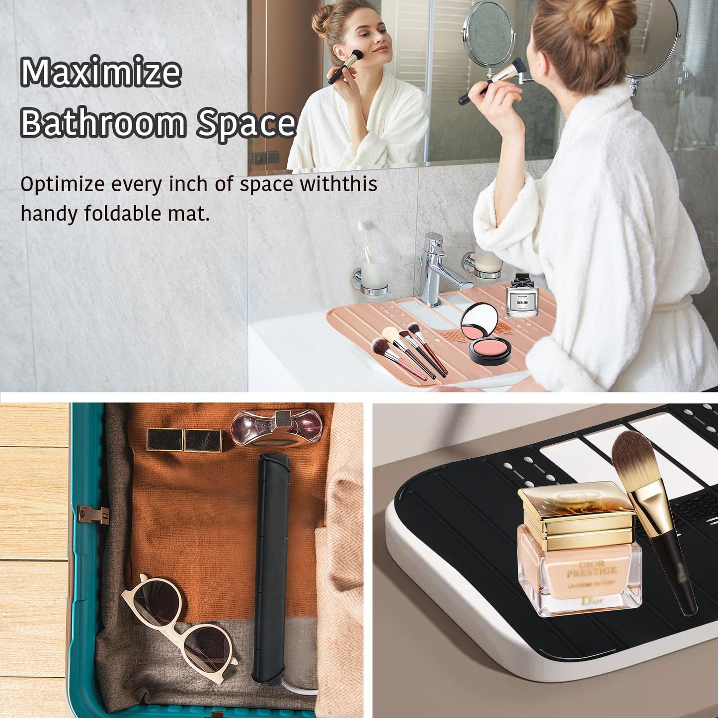 SFBBCLOZ Bathroom Sink Top Cover For Counter Silicone Beauty Makeup Brush Cleaning Mat Multi-Functional Foldable Storage Countertop Mat Black