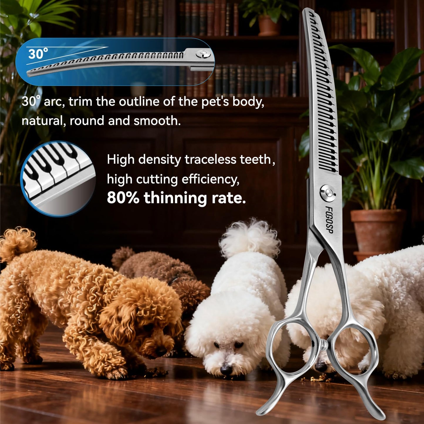 FOGOSP Save-effort Curved Chunkers Dog Grooming Scissors 7in Gradual tooth width Thinning Shears for Dogs Pet Cat Light Cutting Feel 23 Tooth 70% Thinning Rate Japan 440C
