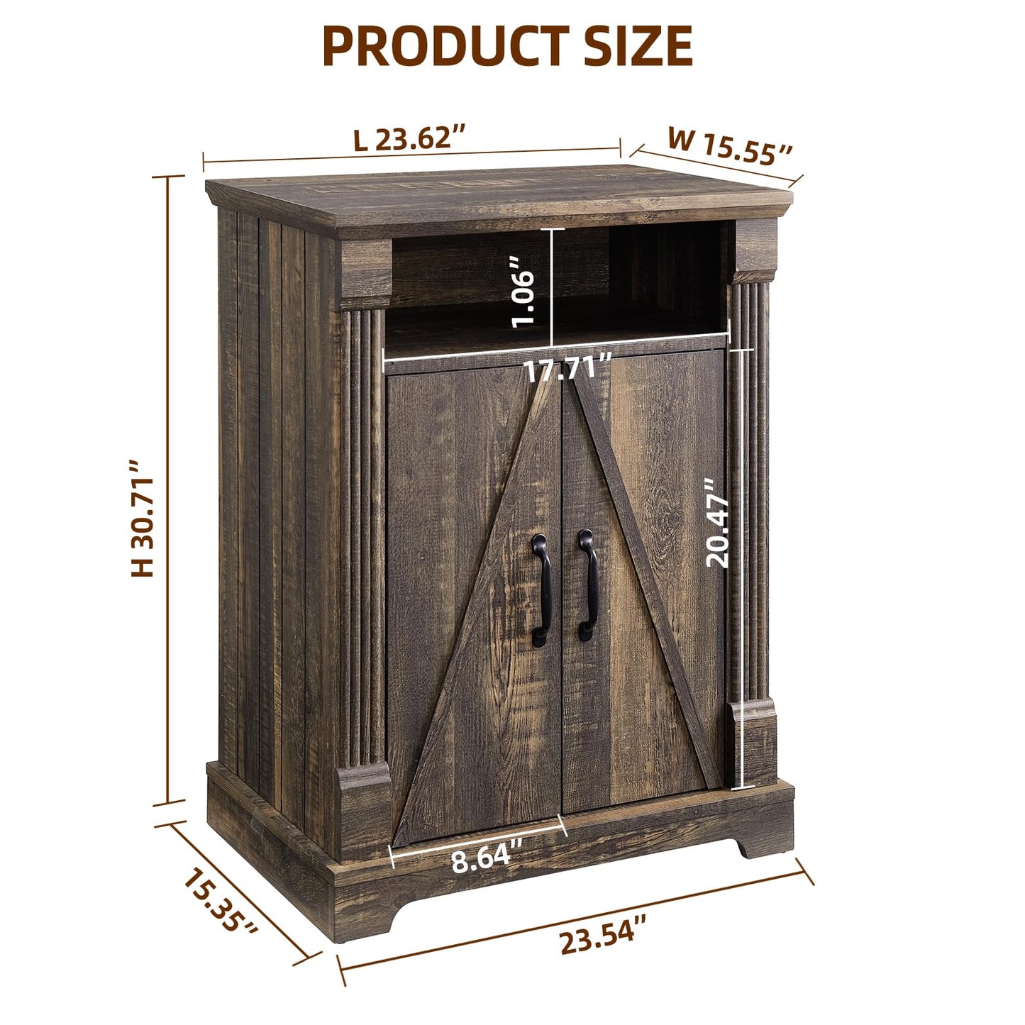 24" Farmhouse Storage Cabinet with Barn Doors, Dark Rustic Oak Freestanding Sideboard Buffet with Adjustable Shelf, Pantry Hutch Coffee Bar for Kitchen Bathroom Living Room - Small Floor Cabinet