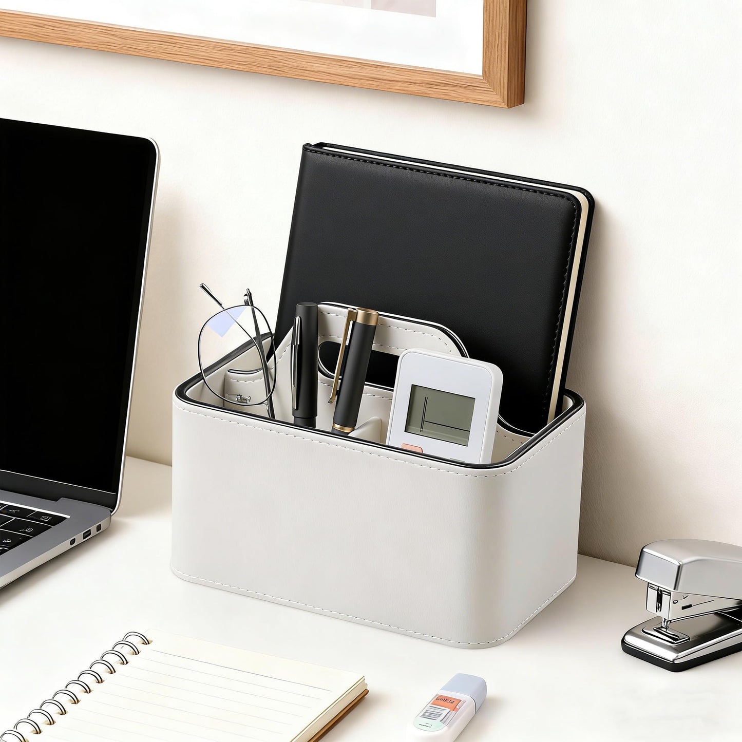 NICLNGSH Caddy Organizer with Handle, PU Leather Remote Control Holder Desk Caddy, Portable Makeup Remote Organizer for Table, Nightstand, Office (Cream)