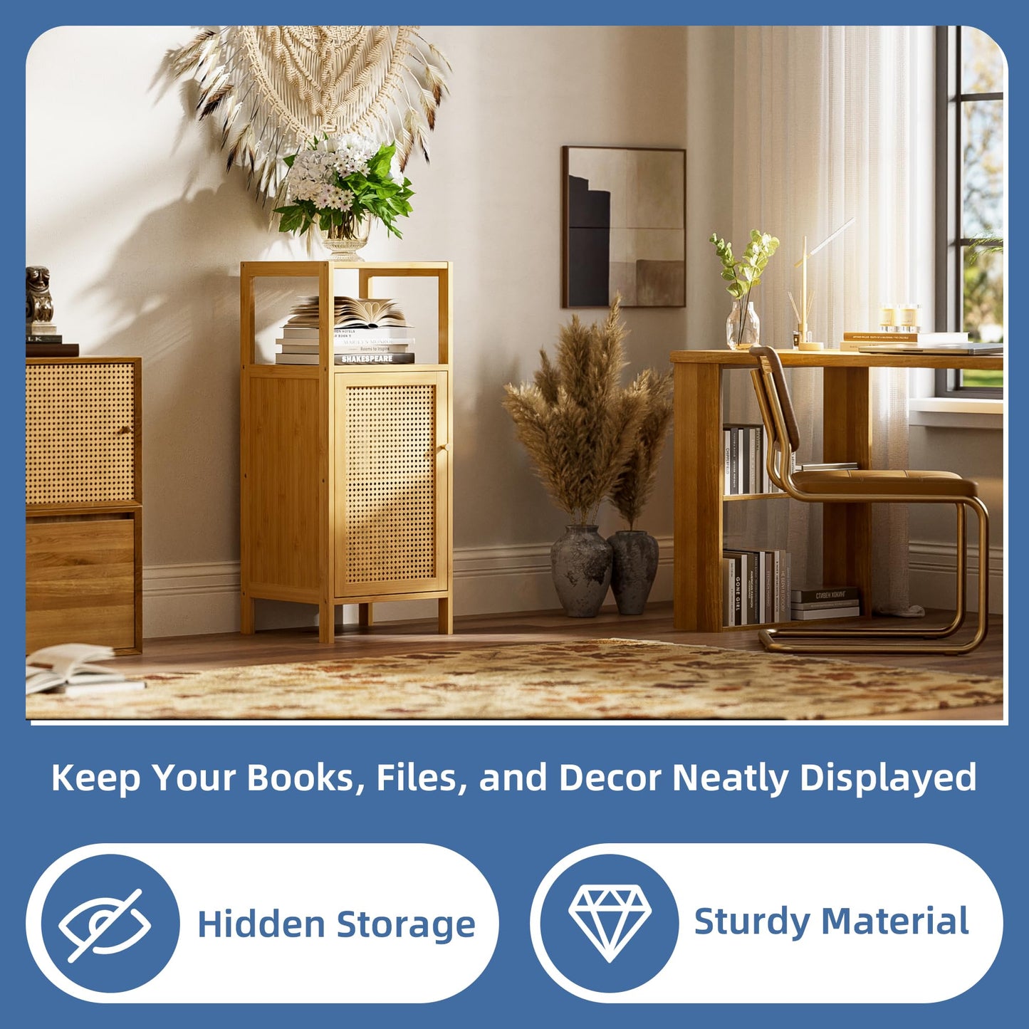 HITNET Bathroom Storage Cabinet Rattan, Small Bamboo Floor Cabinet with Single Door and Open Shelf, Freestanding Narrow Cupboard for Living Room, Kitchen, Entryway, Natural