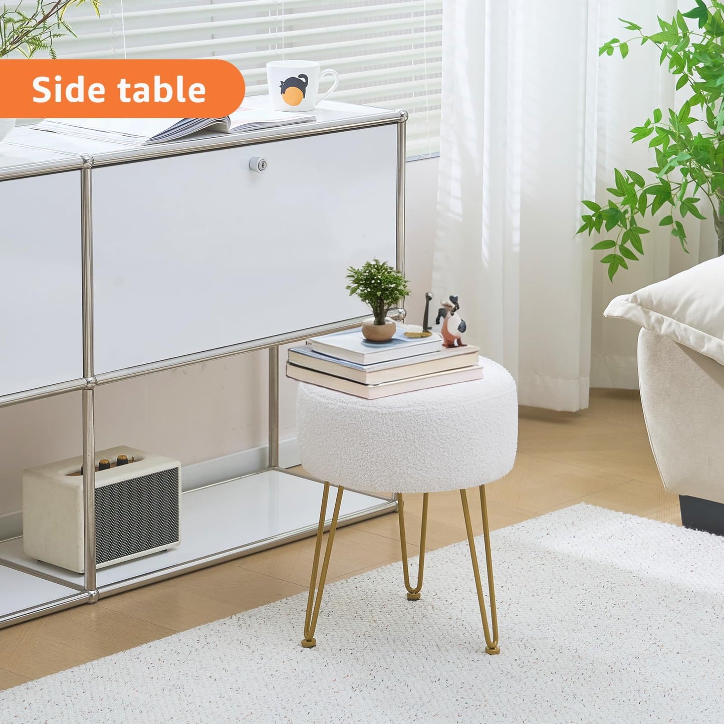 WROCFURSTAR Vanity Stool, Teddy Velvet Ottoman Foot Stool, Dressing Table Seat with Metal Leg Vanity Chair for Bedroom, Living Room, Entryway, Offices