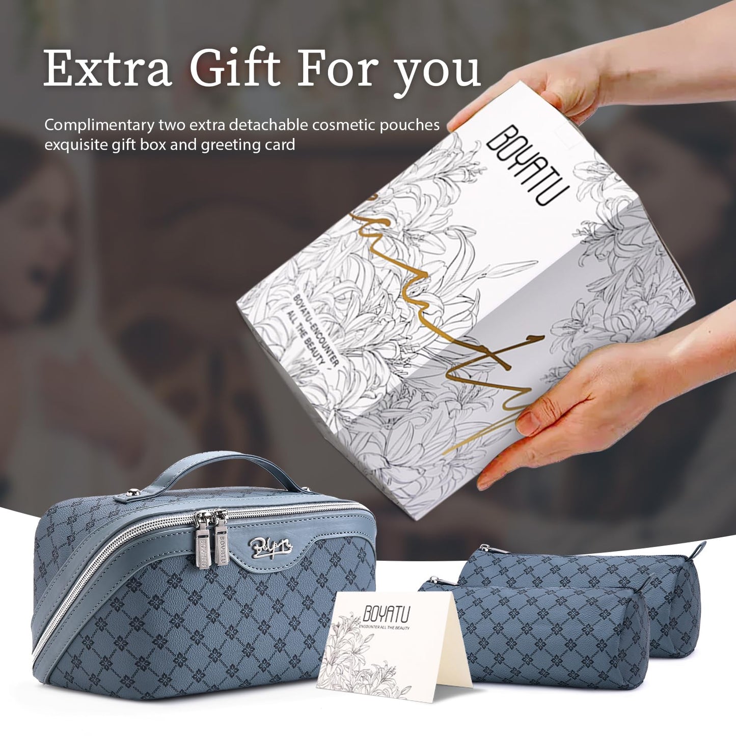 BOYATU Travel Makeup Bag Cosmetic Bags for Women: 3 Pcs Set Large Capacity Make up Bag with Handle - Vegan Leather Toiletry Bags with Compartments - Makeup Organizer for Travel Essentials(A-4-Blue)