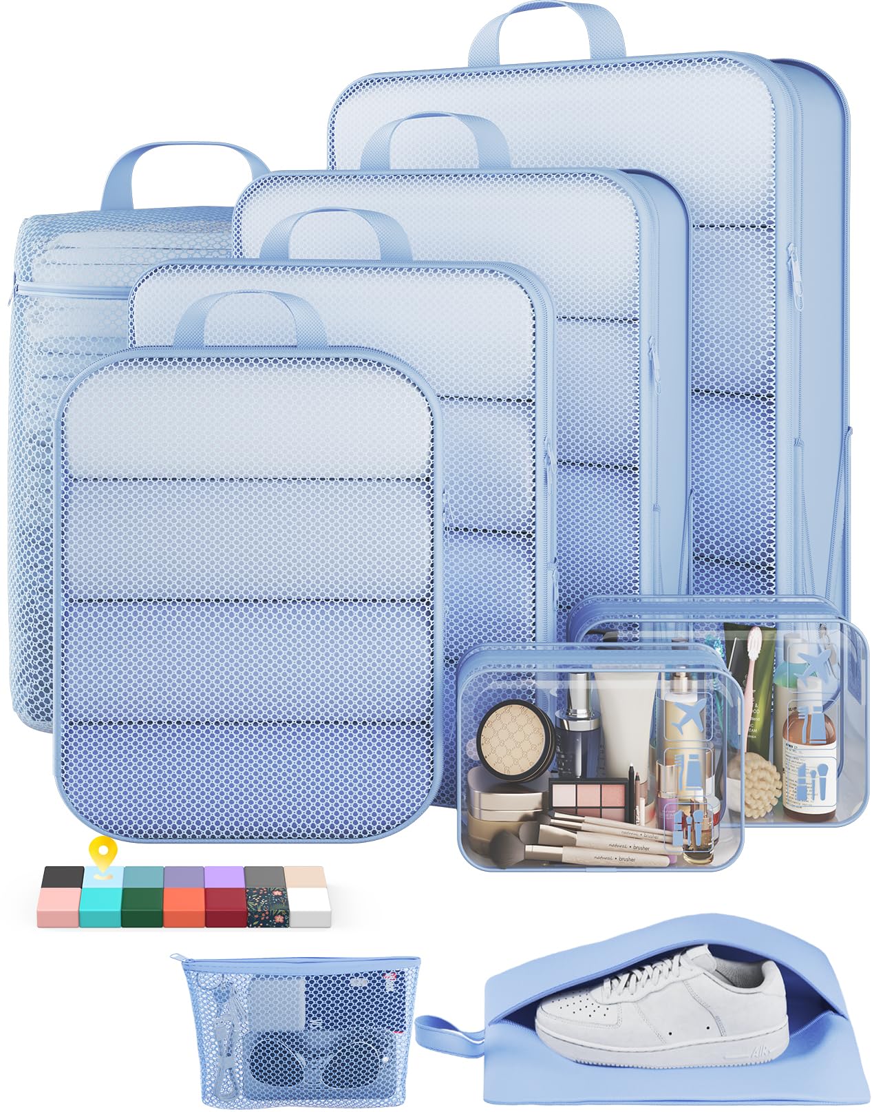 Veken 9/11 Set Compression Packing Cubes for Travel Essentials,Compressible Expandable Large Luggage Suitcase Organizer Bags for Clothing,Space Saver Bags with Over 1000 pcs of Mesh Holes(Light Blue)