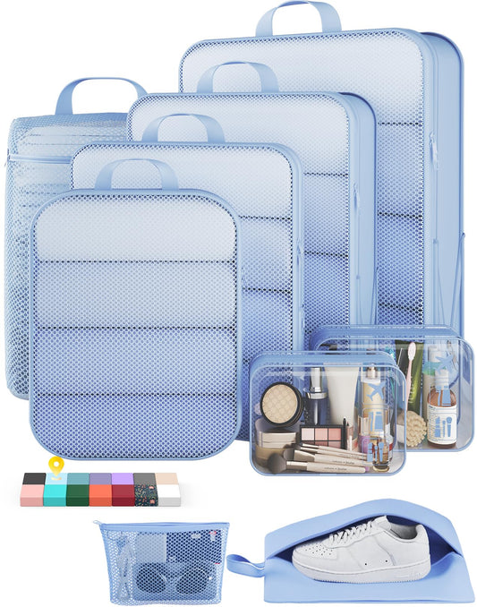 Veken 9/11 Set Compression Packing Cubes for Travel Essentials,Compressible Expandable Large Luggage Suitcase Organizer Bags for Clothing,Space Saver Bags with Over 1000 pcs of Mesh Holes(Light Blue)