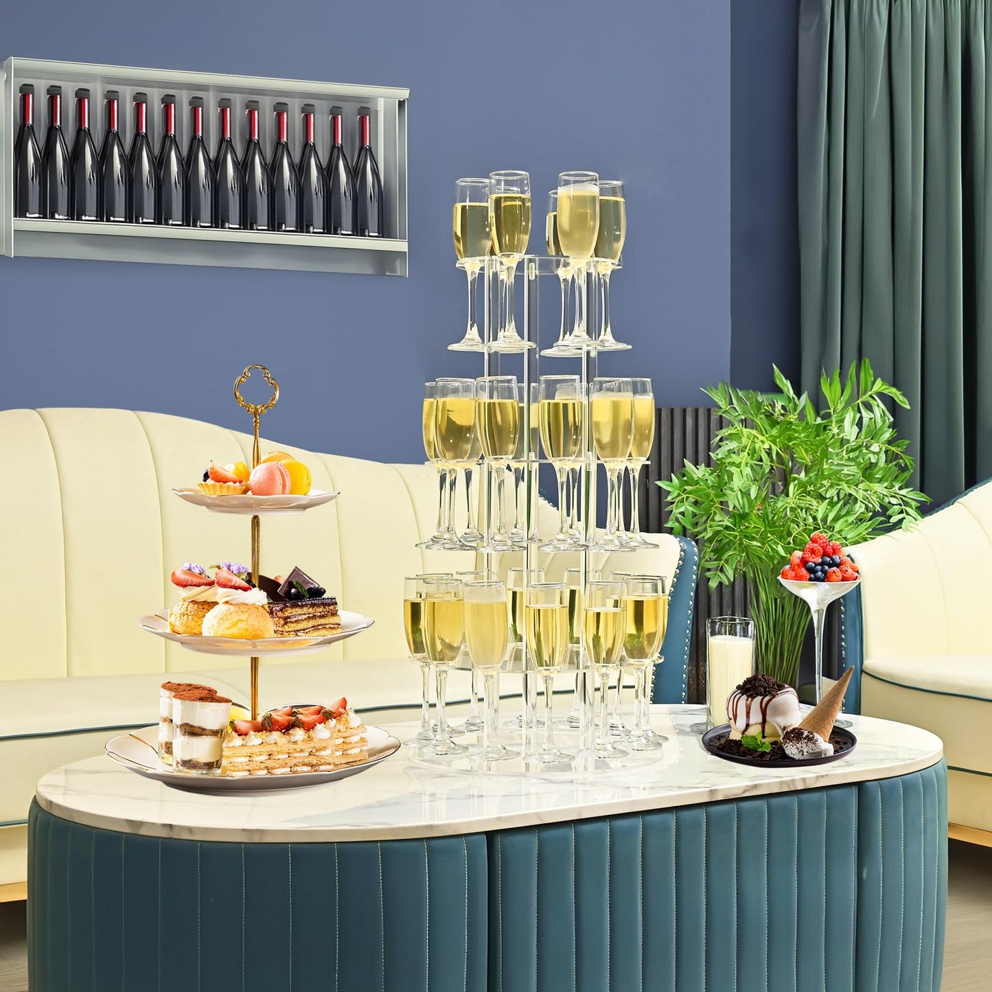 Laumffon Champagne Tower, Circle Acrylic Champagne Display Rack Stand with 28 Slots, 3 Tier Floating Sight Champagne Flute Holder for Party, Wedding, 13.4x13.4x25.5 inch, 2Pcs