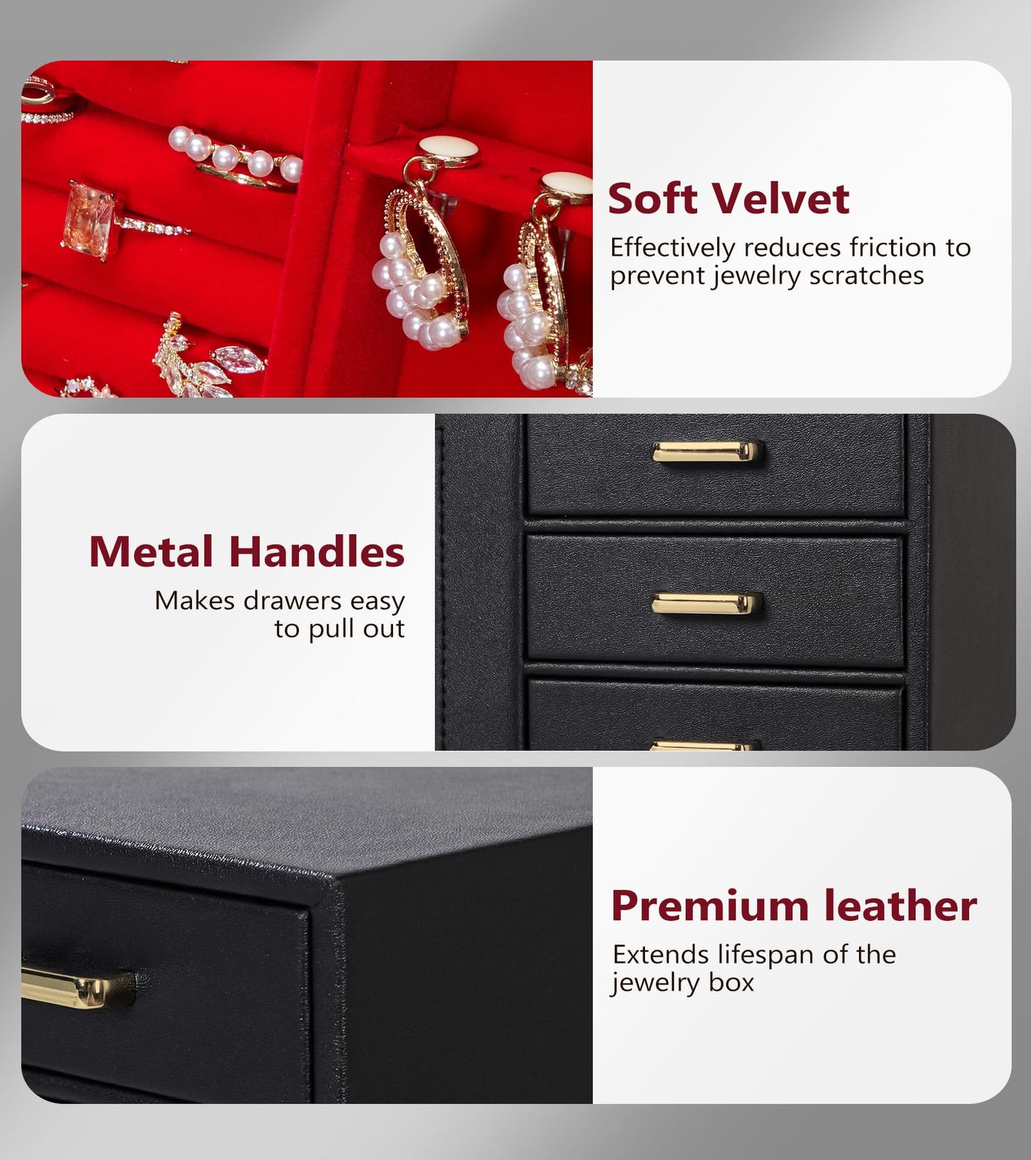 Homde Jewelry Organizer large for Dresser: Big Jewelry Box for Women - Holder with Drawers - Elegent Necklace Earring Ring Display Modern Gift (Black + Red+ Gold)
