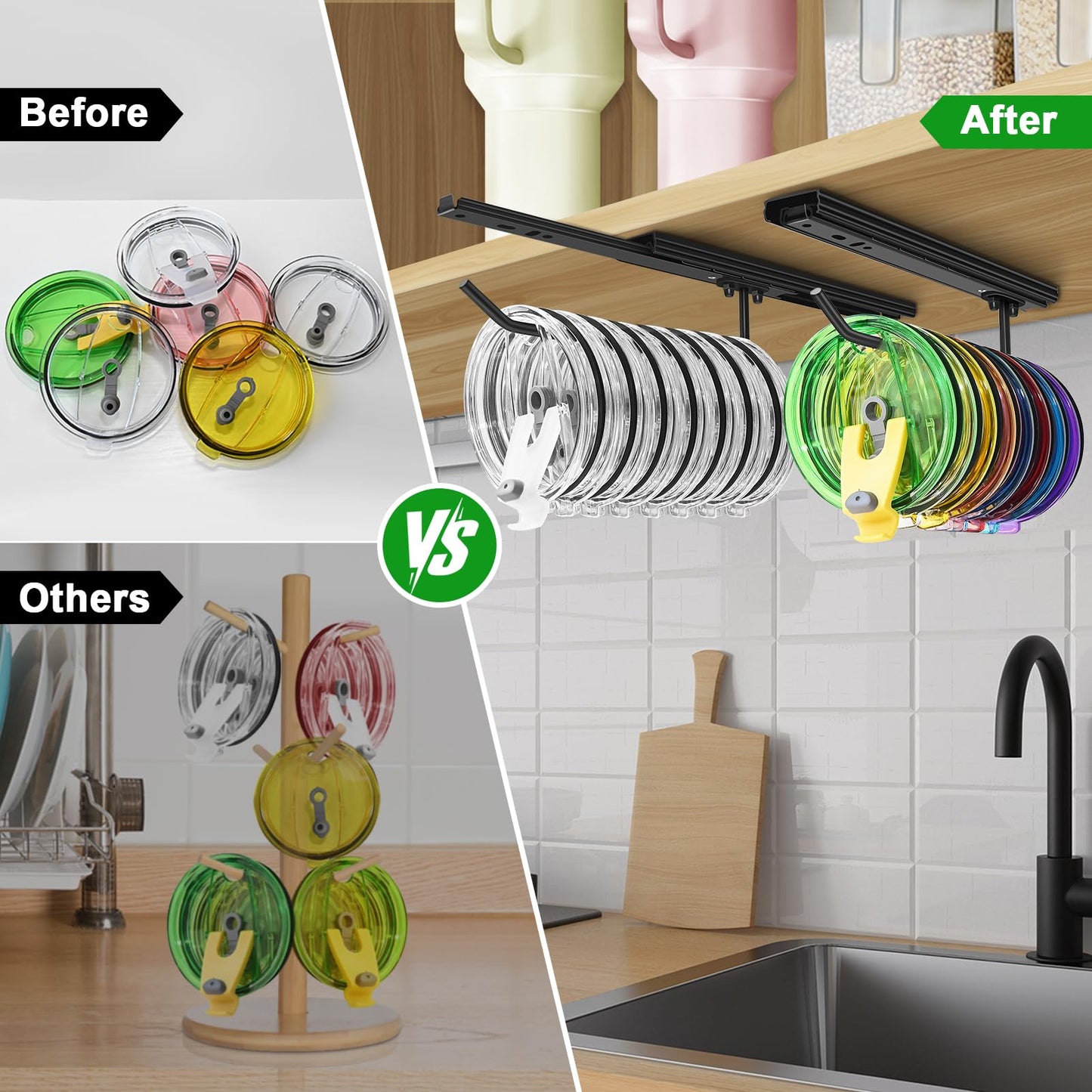 UNIKEYBOX 2 Packs Telescoping Slides Tumbler Lid Organizer Inside Cabinet, Muti Kitchen Hanger for Cup Lid Holder, Drilling Installation for Kitchen Storage Cup Lid Storage Organizer Black